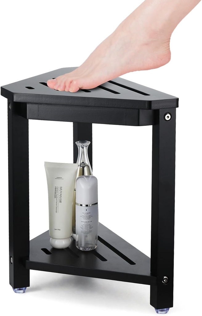 Shower Foot Rest 13.8in, Bamboo Shower Stool for Shaving Legs, Waterproof Corner Shower Stool with Storage Shelf (Black)