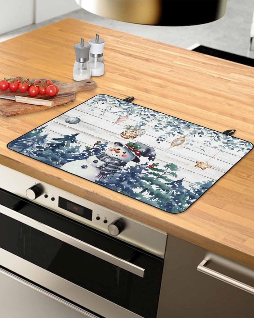 Christmas Countertop Burners Protection Mats for Kitchen, Snowman Eucalyptus Leaves Blue Wood Grain Rubber Stove Top Cover Mat, Heat Proof Mats Cooktop Cover for Counter Dish Drying Mat, 31"x24"
