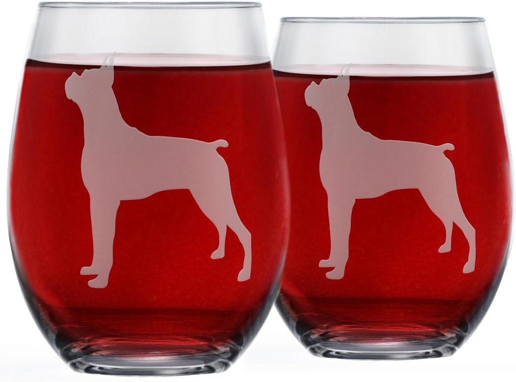 Boxer Stemless Wine Glasses (Set of 2) - Unique Gift for Dog Lovers - Hand Etched with Breed Name on Bottom