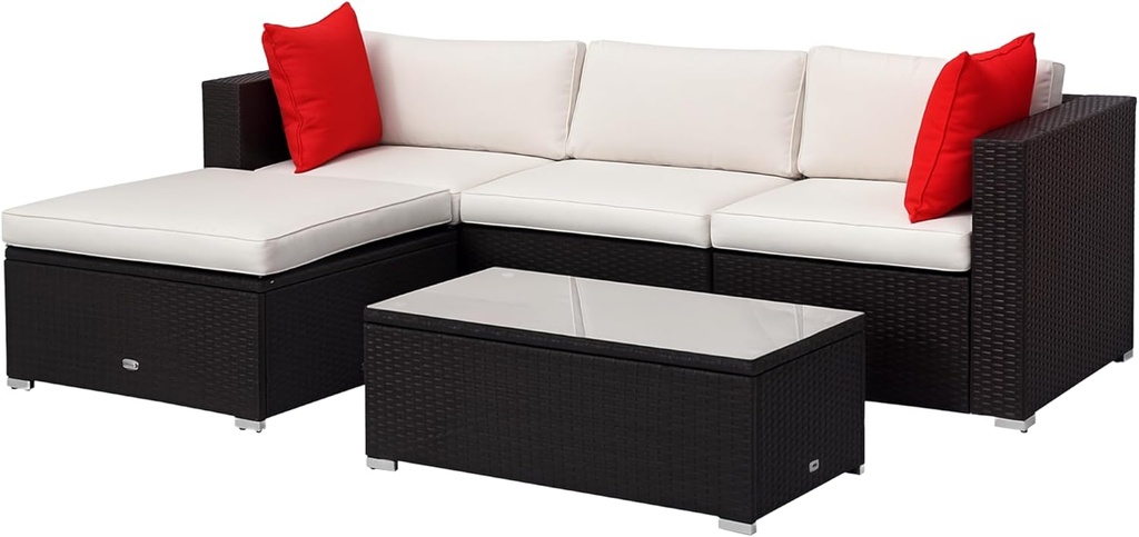 Outsunny 5-Piece Patio Furniture Set with Cushions, Outdoor PE Rattan Wicker Sofa Set, Sectional Furniture with Pillows, Glass Coffee Table for Garden, Backyard, Brown/Cream White