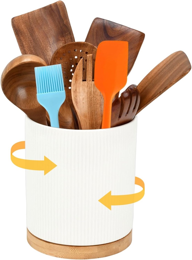 Modern Ceramic Kitchen Utensil Holder, White Ribbed Design with Bamboo Base, 360-Degree Rotating, 6.1 x 6.9 inch, Multi-Purpose Storage Crock (White)