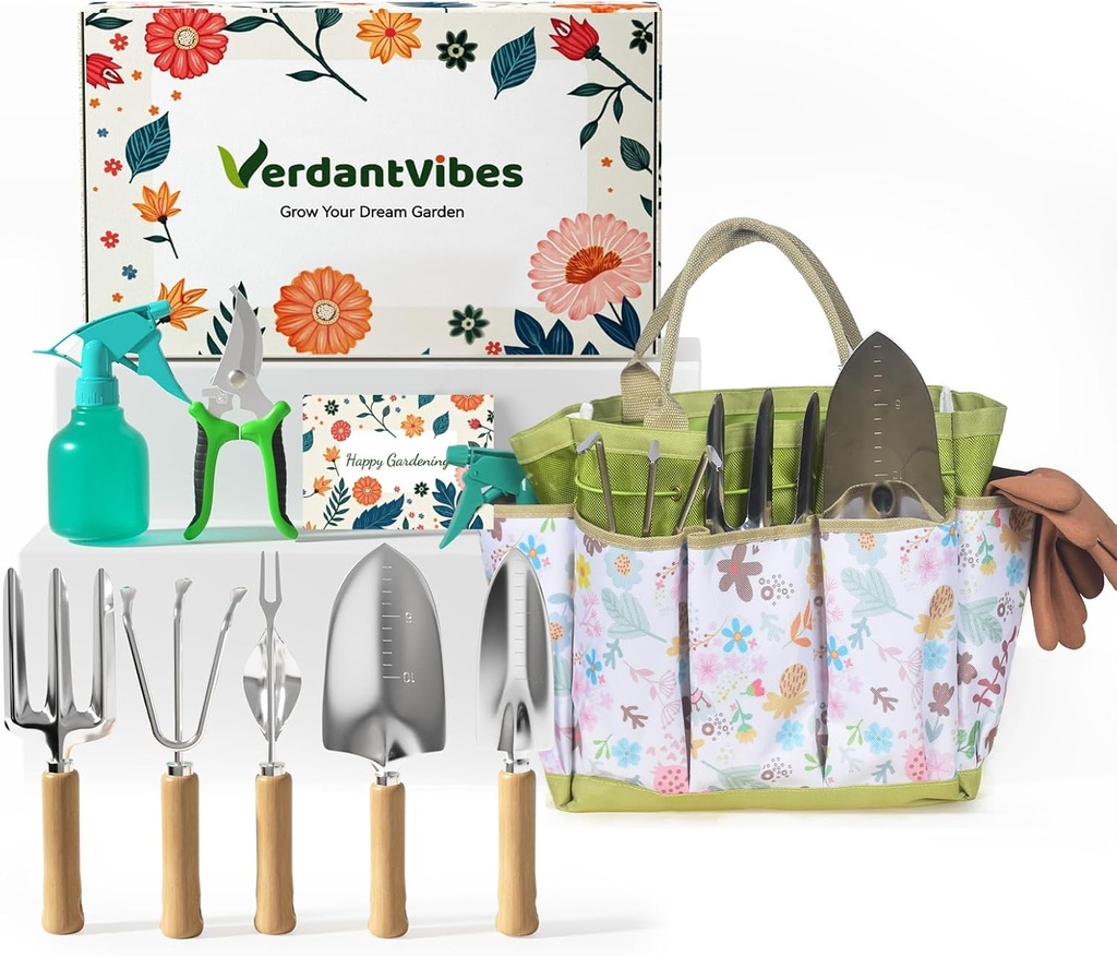 Gardening Tools Set 9-Piece Heavy-Duty Gardening Hand Tools with Floral Tote Bag, Stainless Steel Garden Supplies Kit Ideal Gardening Gifts for Women Mom Wife