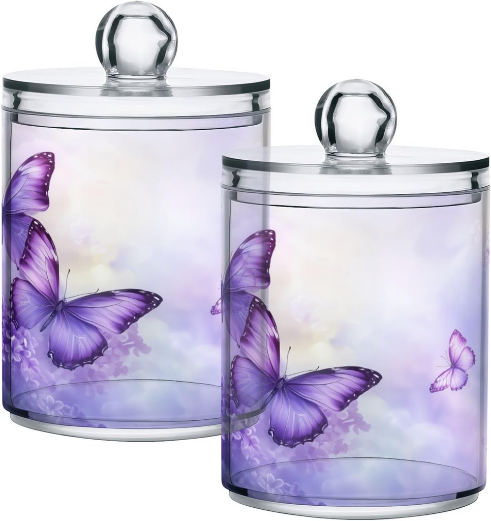 Acrylic Plastic Clear Jar with Lid, Purple Lilac Butterfly Flowers Airtight Storage Jar 2 Pack Kitchen Storage Containers for Cookie Snack Candy