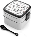 Hand Drawn Doodles Bento Box Adult Lunch Box Containers with Spoons Double Layered Lunch Containers Portable Lunch Boxes Food Container for Work Picnic Travel
