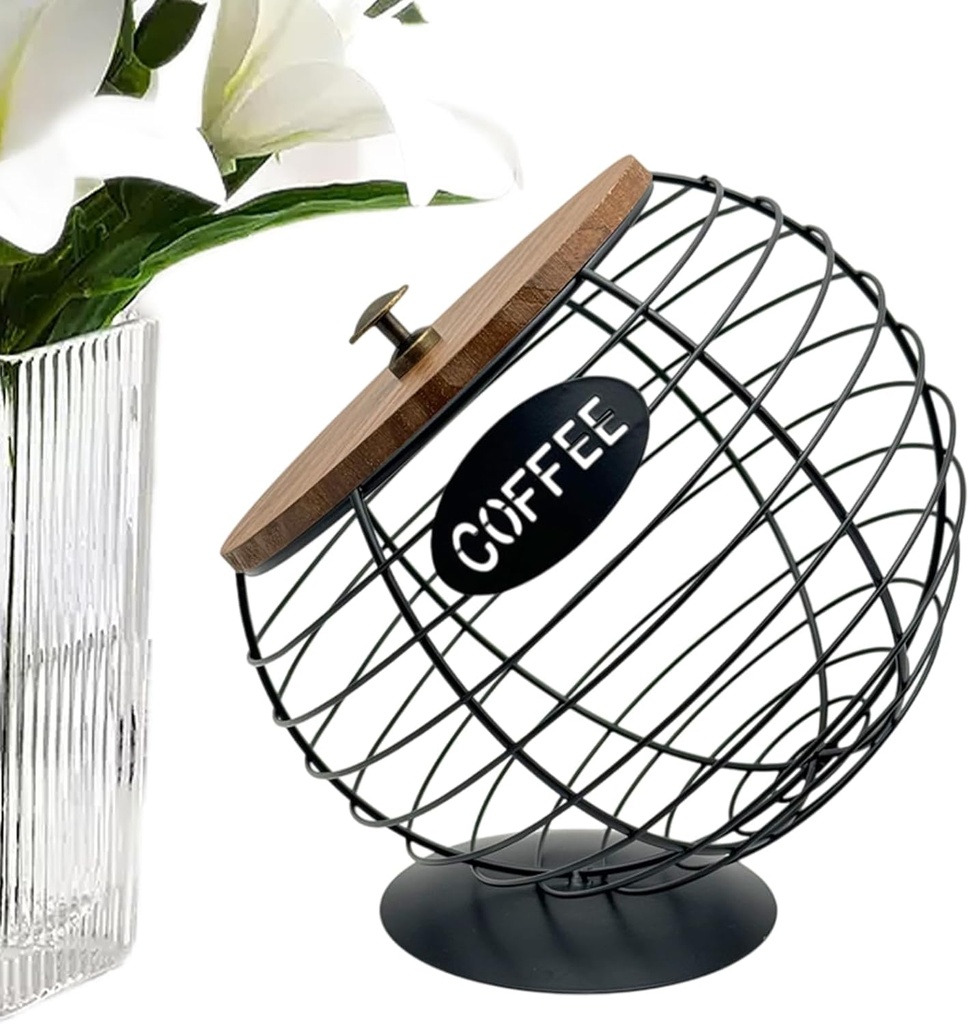 Coffee Pod Holder, Metal Large Capacity Coffee Pod Organizer with Wood Lid for Counter, Rustic Storage Desk Decor, Station Tea Bag Basket for Kitchen
