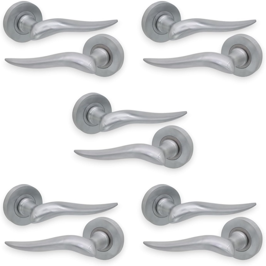 5 Sets of Door Handles 'Fiorella' Solid Brass Lever on Rose - Satin Chrome