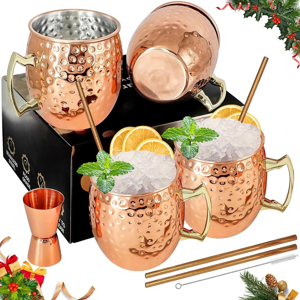 Moscow Mule Mugs Copper Mule Cup Kit 18oz Set of 4 with Handle Large Copper Hammered Plating Cups with 0.5oz Double Jigger, Stainless Steel Straws, Spoon for Cold Drinks Cocktails Wine