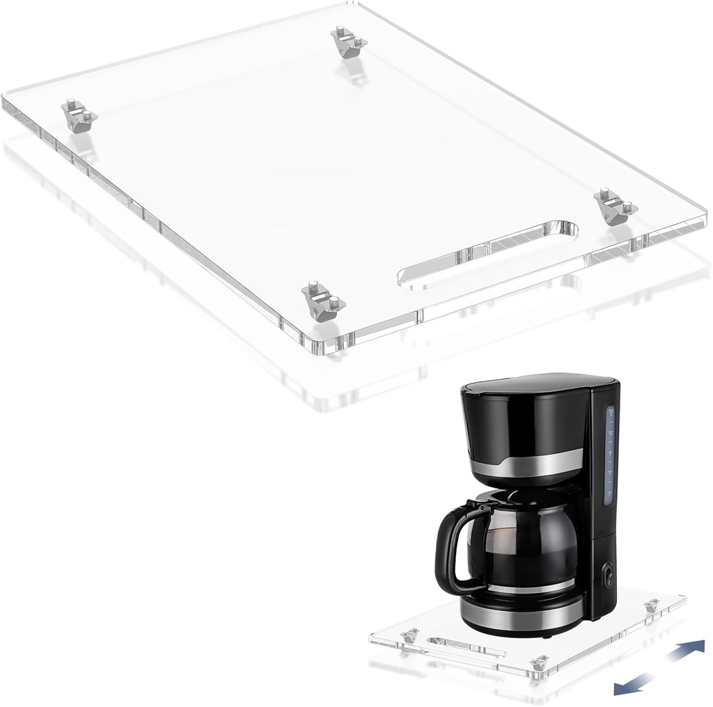Sliding Tray for Coffee Maker, 9.8" x 14" Acrylic Appliance Sliders with Rubber Wheels, Coffee Pot Slider Tray for Countertop Moving, Stand Mixer, Toaster & Heavy Kitchen Appliances (Clear)