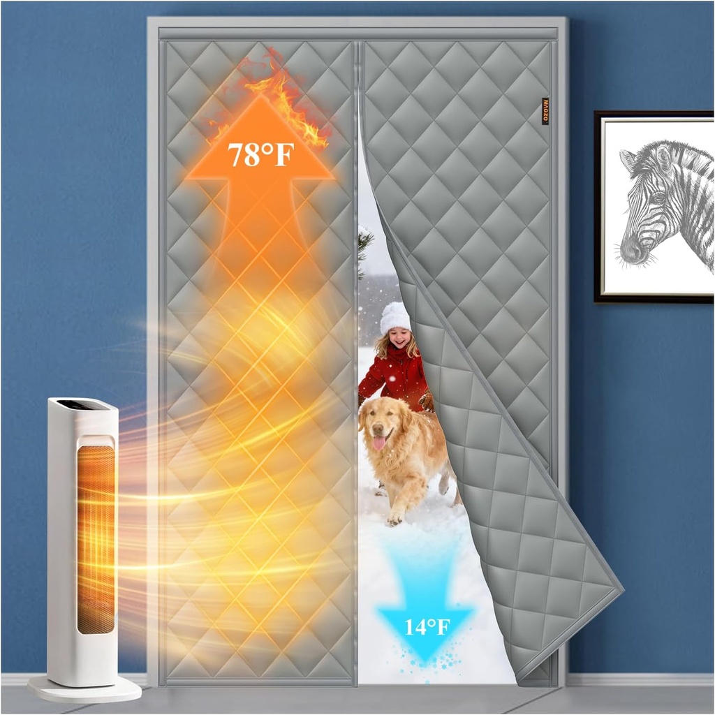 MAGZO Sliding Glass Door Insulation Curtain for Winter, 72'' x 80'', Upgraded Oxford Filled with Thicken Cotton, Patio Door Insulation Kit Cover Blanket for French Attic Doors, Strong Magnets, Grey