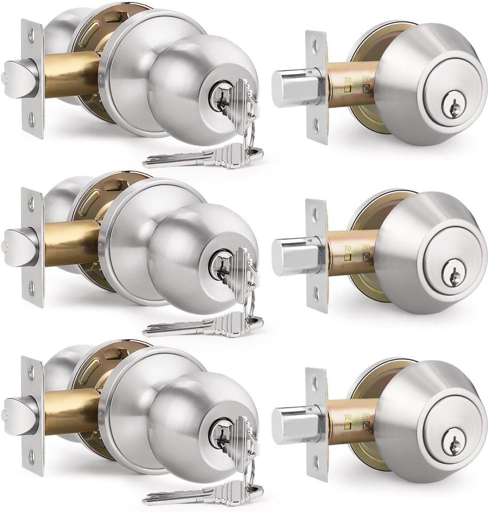 3 Pack Keyed Entry Door Knob and Single Cylinder Deadbolt Combination Set in Satin Nickel, Exterior Door Knob with Deadbolt, Keyed Alike Door Lock Sets Deadbolt Combo