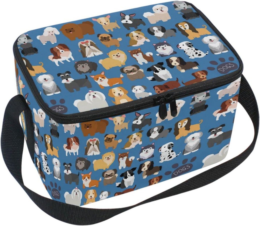 Naanle Animal Dog Insulated Canvas Zipper Lunch Bag Cooler Tote Bag for Adult Men Women, Cute Dog Long Strap Lunch Boxes Lunchboxes Meal Prep Handbag for Outdoors School Office