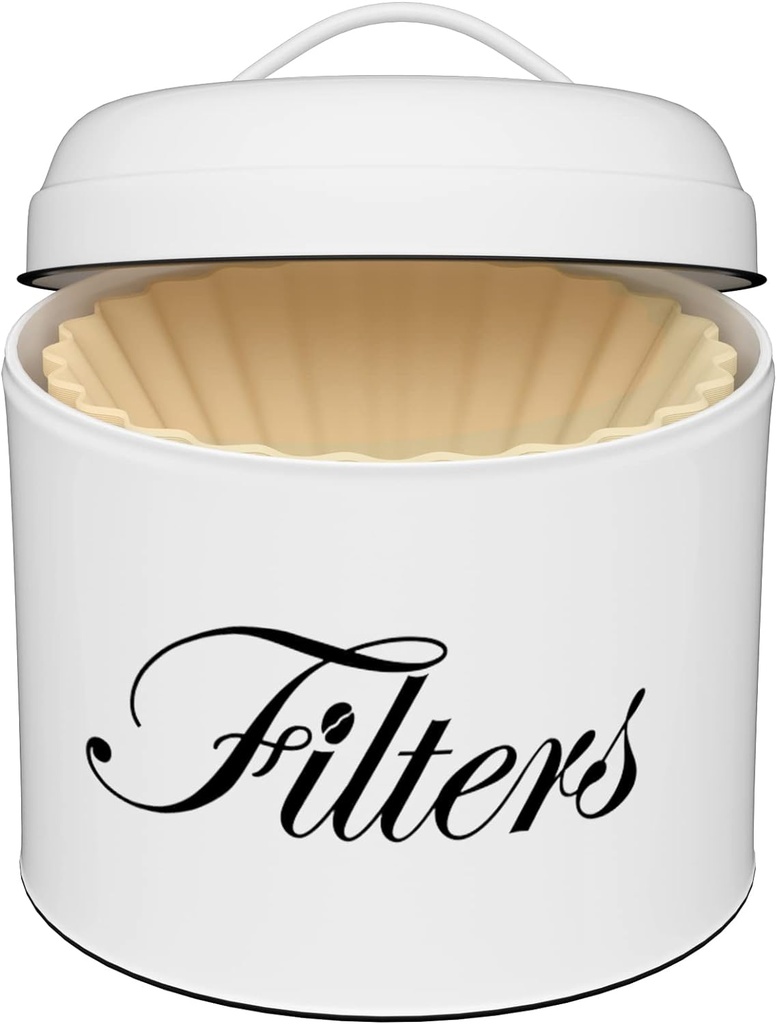 Coffee Filter Holder, White Basket Coffee Filter Storage with Lid, Round Coffee Filter Container for Counter, Rustic Farmhouse Coffee Bar Accessories Decor (White)