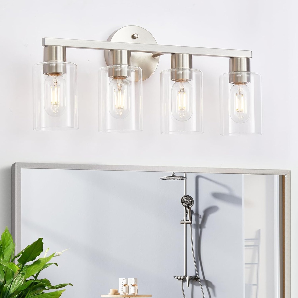4 Light Bathroom Vanity Light, Brushed Nickel 4-Light Bathroom Light Fixtures, Vanity Lights for Make-Up Mirror, Modern Lighting Fixtures with Clear Glass Shade for Bedroom Living Room