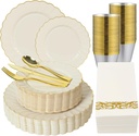 ISFANGCO175PCS Ivory Fancy Disposable Dinnerware Set-Ivory Scalloped Plastic Plates with Gold Rim -25 Dinner&25Dessert Plates, 75 Silverware Set, 25 Napkins and 25 Cups（25 Guests）