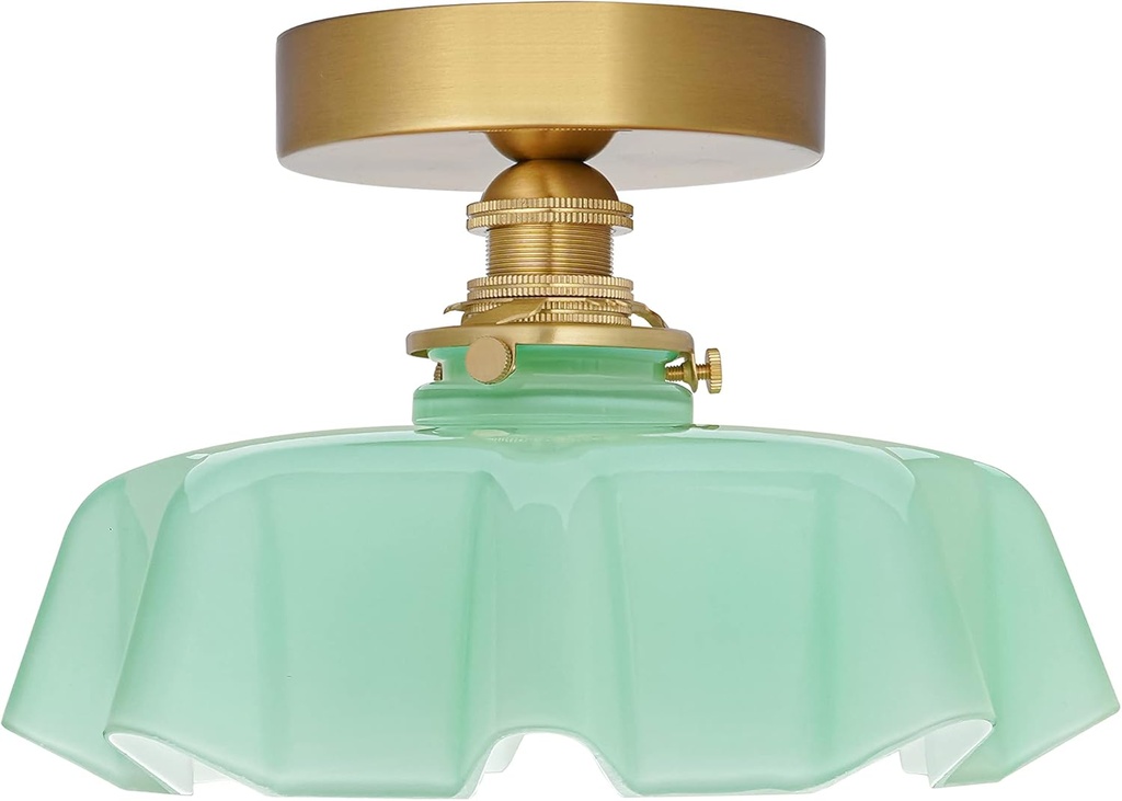 DSMJFU Brass Semi Flush Mount Ceiling Light, Cute Small Green Glass Flush Mount Ceiling Light, Porch Bathroom Lighting Fixtures with Flower Shape Glass for Closet Hallway Entryway