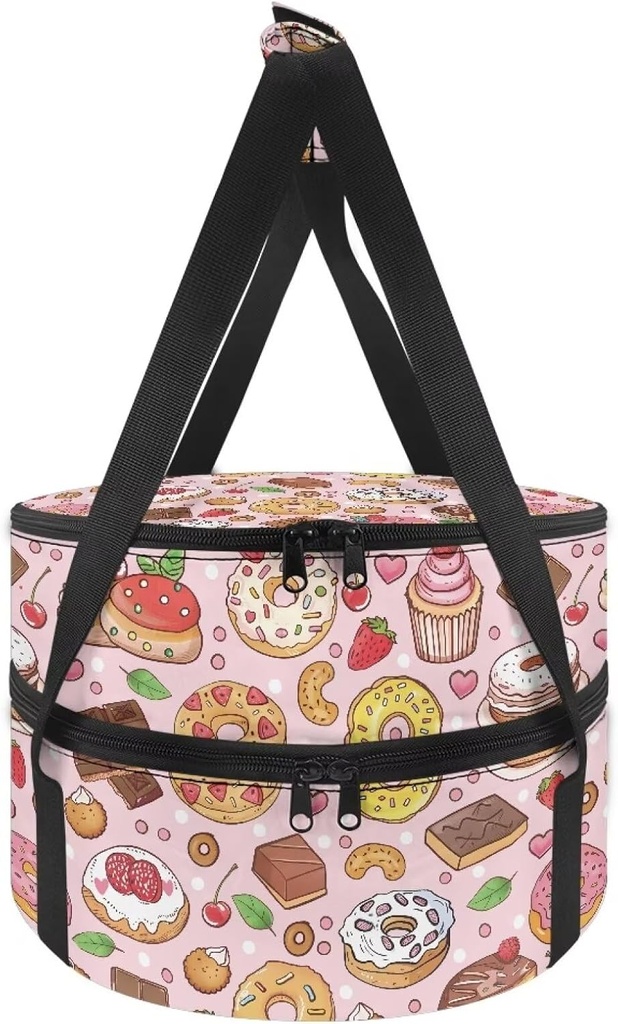 Donuts Cake Print Double Decker Insulated Casserole Carriers for Hot or Cold Food, Deep Storage Capacity Round Casserole Carrier Lunch Bag for Potluck Parties Picnics Cookouts