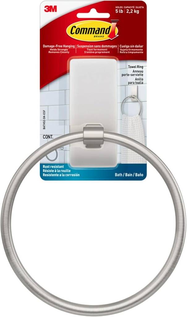 Command Hand Towel Holder Satin Nickel with Water Resistant Command Strips, Rust Resistant Bathroom Organizer, Holds up to 5 lbs, Large