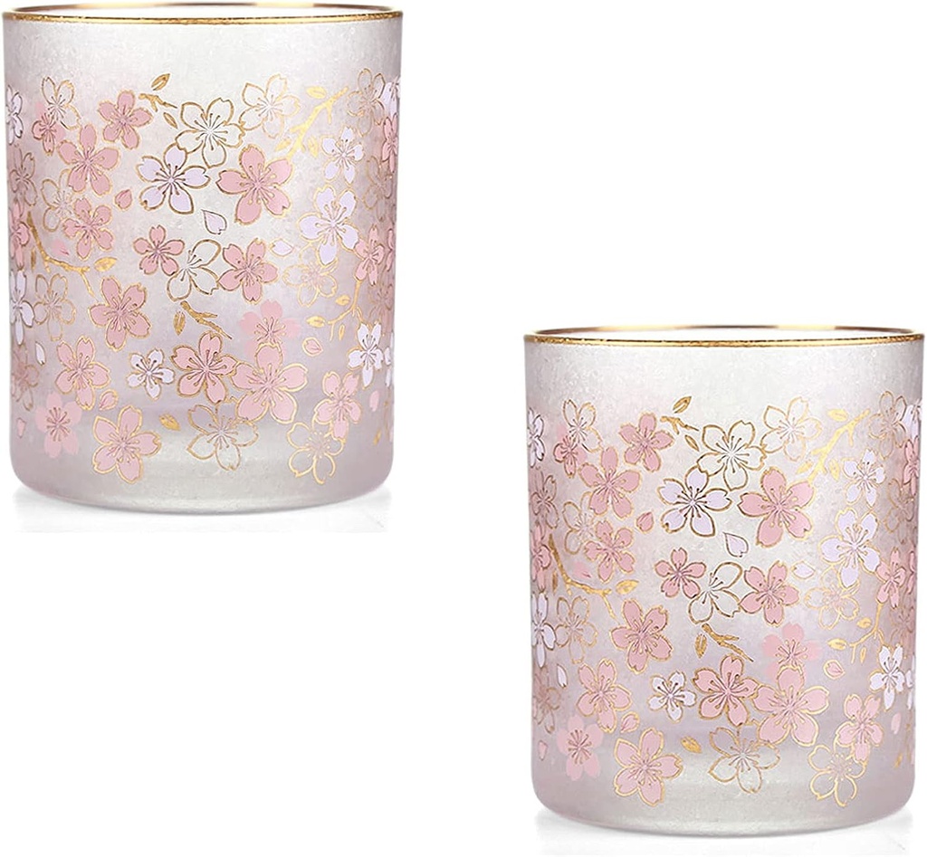 Water Glasses Sakura Frosted Glass Cup Set of 2 10z Sakura Cup Coffee Whisky Outdoor Wine Drink Glassware Lead-Free Glass Set Drinking Glasses