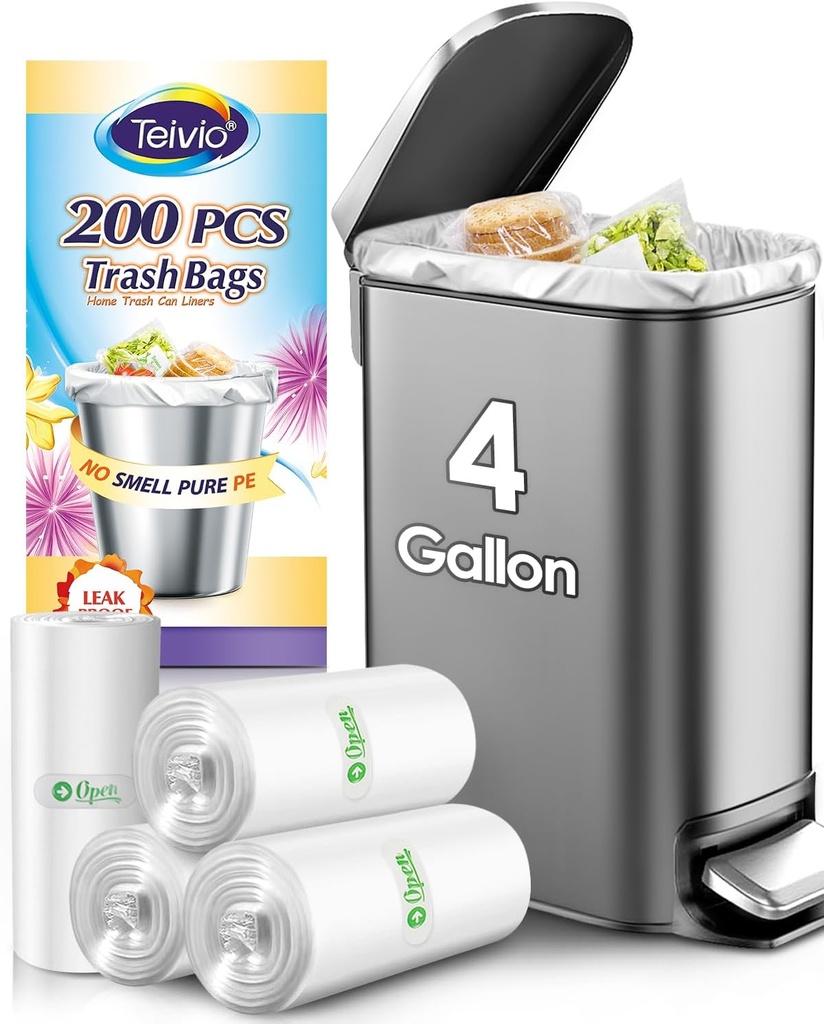 Teivio 4 Gallon 200 Counts Strong Trash Bags Garbage Bags, Bathroom Trash Can Bin Liners, Small Plastic Bags for Home Office Kitchen Kitchen (Clear)