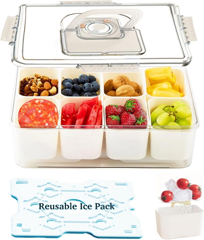 Snackle Box Container With Ice Pack, 8 Compartments Portable Snack Box, Chilled Divided Serving Tray With Lid And Handle, Charcuterie board with lid and ice tray, Travel charcuterie board