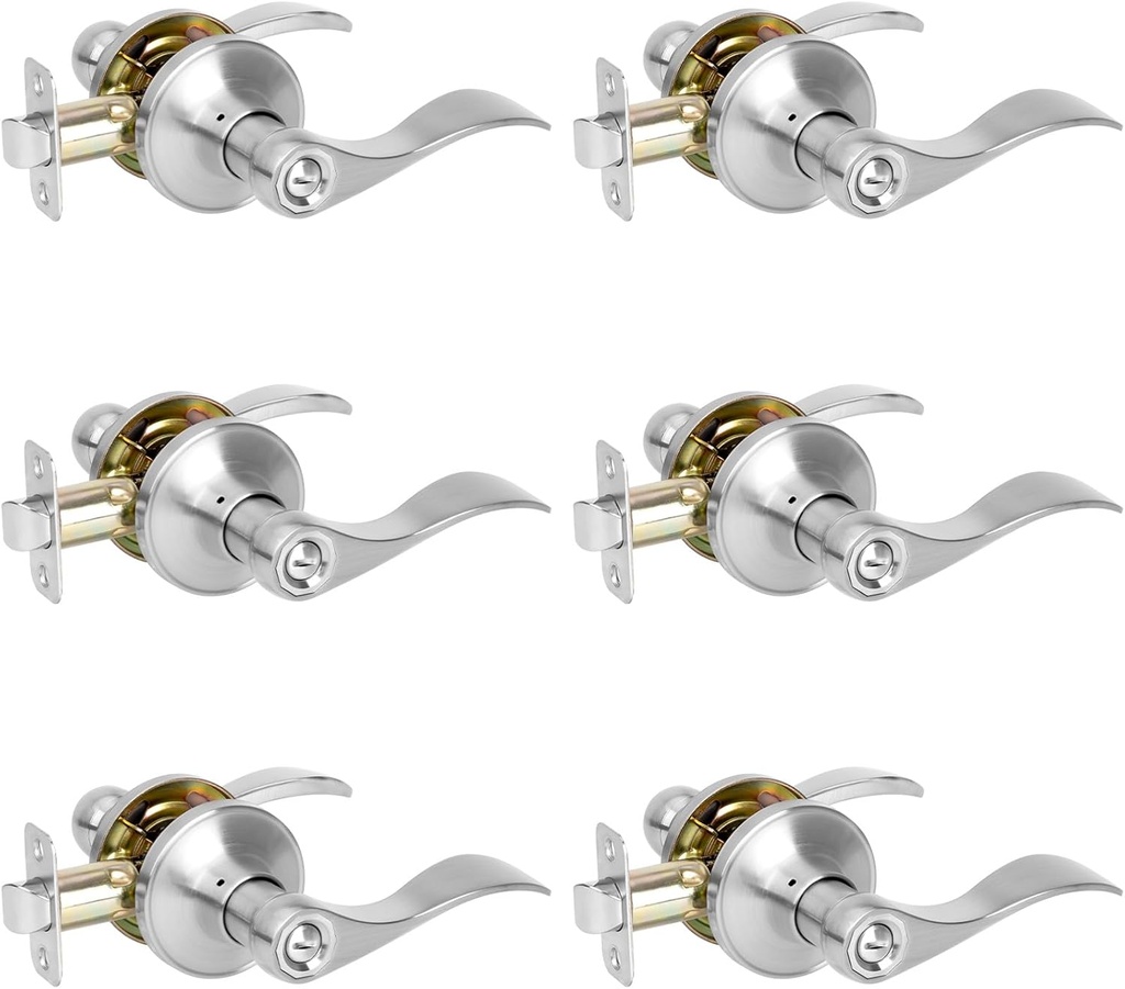 HOSOM 6 Pack Privacy Door Levers, Interior Door Handles for Bedroom and Bathroom, Wave Style Lever Handles Keyless, Satin Nickel Door Lock Reversible for Right & Left