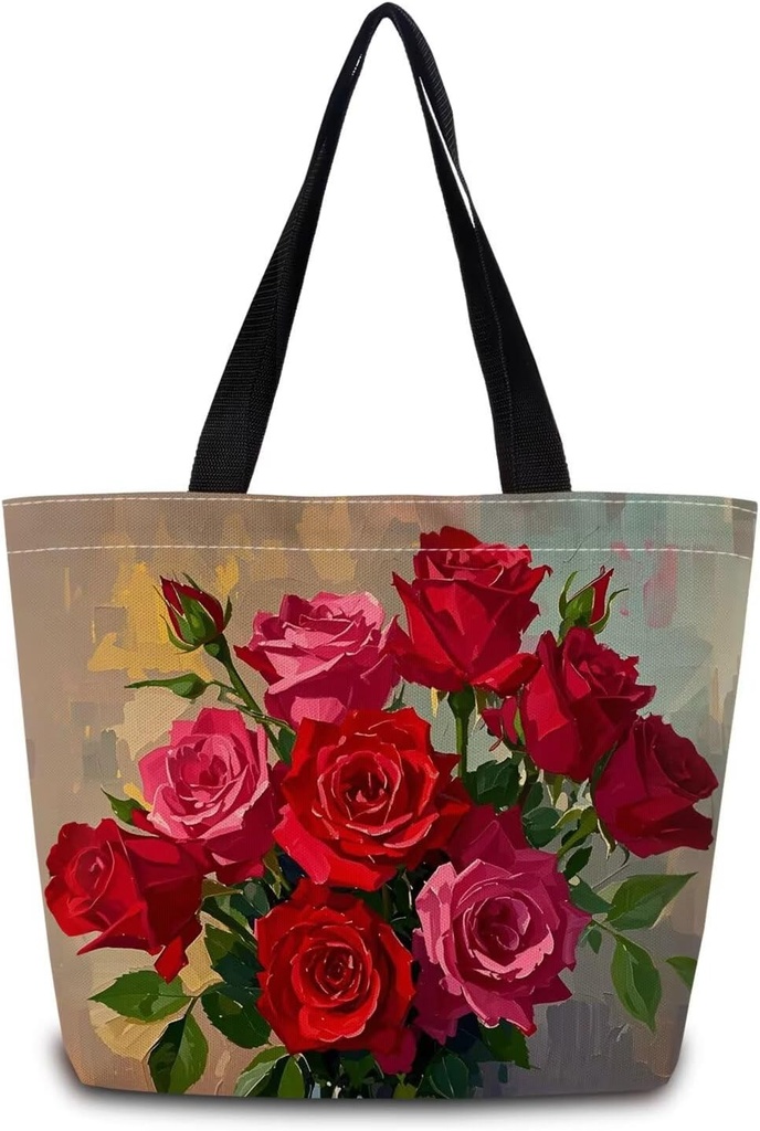 Red Floral Tote Bag Reusable Grocery Bags Aesthetic Shopping Shoulder Handbag with Interior Pocket Lightweight & Washable Stylish Oil Painting Rose Floral Present for Women