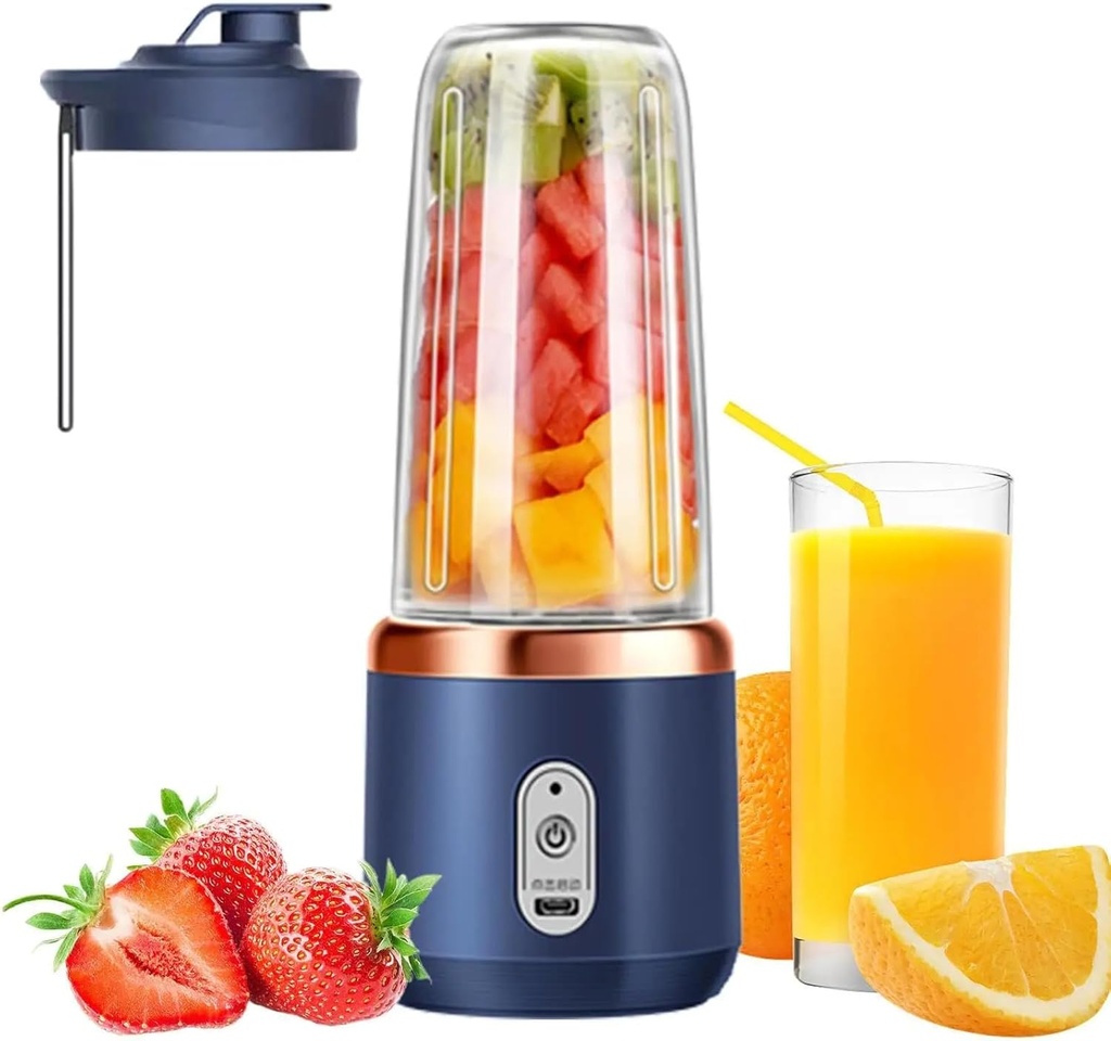 Generic Portable Blenders Juicer for Shakes and 𝐒𝐦𝐨𝐨𝐭𝐡𝐢𝐞𝐬,Mini Blenders with 6 Blades Powerful & One Touche Operation Cutting Capability for Kitchen Travel USB Rechargeable (Dark Blue), 400ml