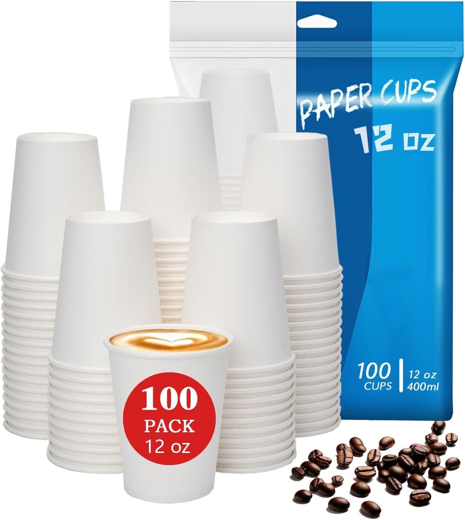 100 Count 12 oz Coffee Cups, Leak-Proof Paper Cups 12 oz, Sturdy White Disposable Paper Coffee Cups for Cold and Hot Drinks