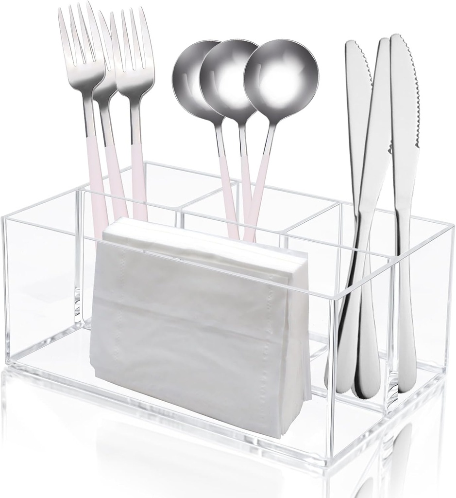 4 Compartments Clear Plastic Silverware Caddy, Kitchen Utensil Holder Organizer for Countertop, Flatware Cutlery Caddy Tableware Storage for Knives Forks Spoons Plates (7.2" x 4.7" x 3.1")