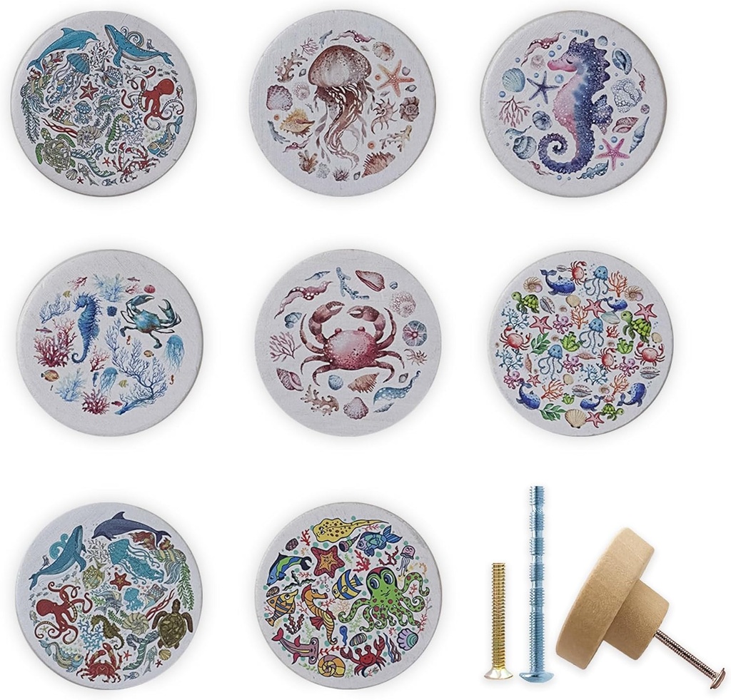 8Pack1.8 Wood Marine Under Animals Fish Octopus Turtle Theme Knobs Baby Nursery Kids Cabinet Furniture Dresser Drawer Knobs Pulls