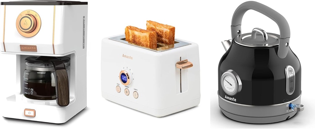 Amaste White Coffee Maker & White Toaster & Black Retro Electric Kettle Set
