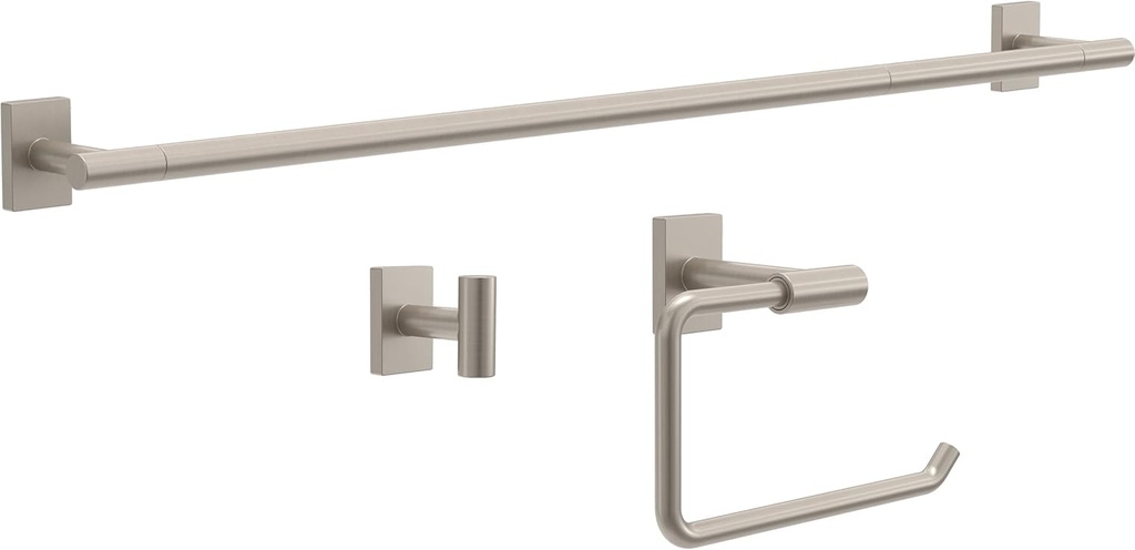 Franklin Brass Hartwell 3-Piece Bathroom Set Satin Nickel 18" + 6" Towel Rack, Toilet Paper Holder/Hand Towel Holder, Hook | 3-Piece Bath Hardware Accessories Set HRT63-SN