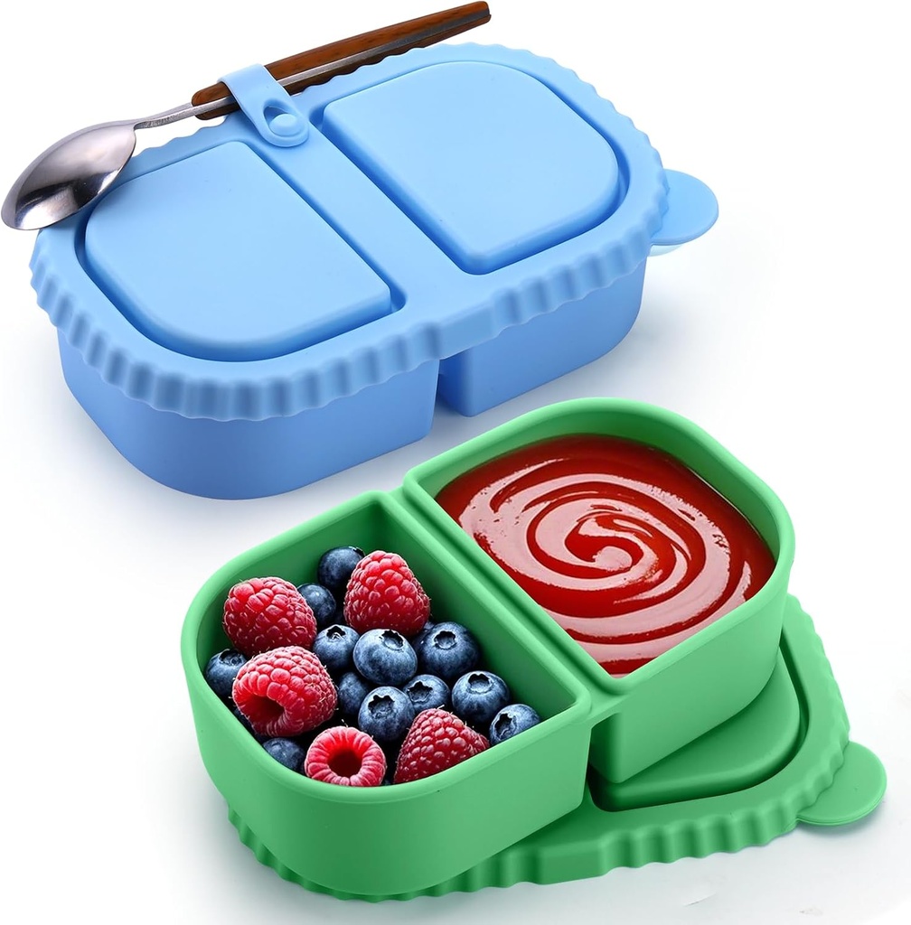 Palksky Reusable Silicone Snack Containers with Lids, 2Pack 2/Tow/Double Compartment Snackle Box Container, Small Food Containers for Travel, Office, Picnic (Green & Blue)