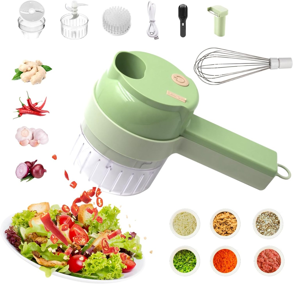 AXEDAES 4 in 1 Multi-Functional Portable Electric Vegetable Cutter Set, Wireless Vegetable Processor for Garlic, Peppers, Onions, Celery, Ginger, Meat, With Brush, Comes with Egg & Cream Beater.