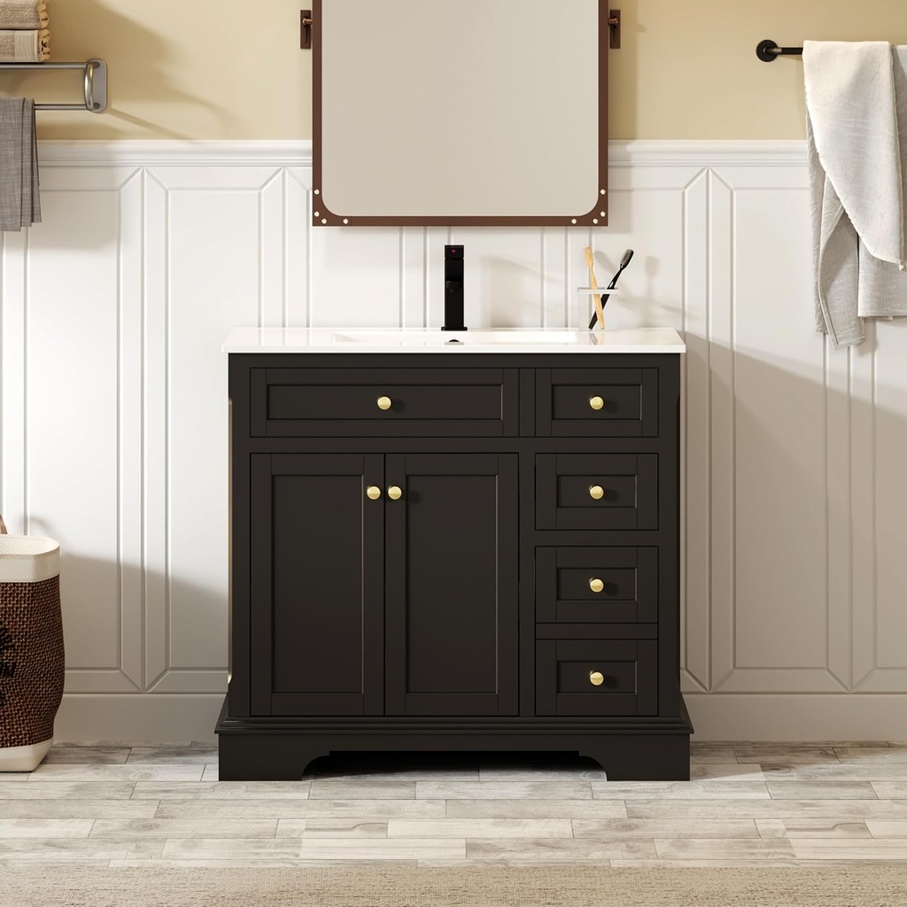 LUCKWIND 36" Bathroom Vanity with Sink, Mid-Century Painted Bathroom Cabinet with Raised Arch Feet, 37.5 inches Bottom, Undermount Sink and a Shelf, Mirror is NOT Included, Black