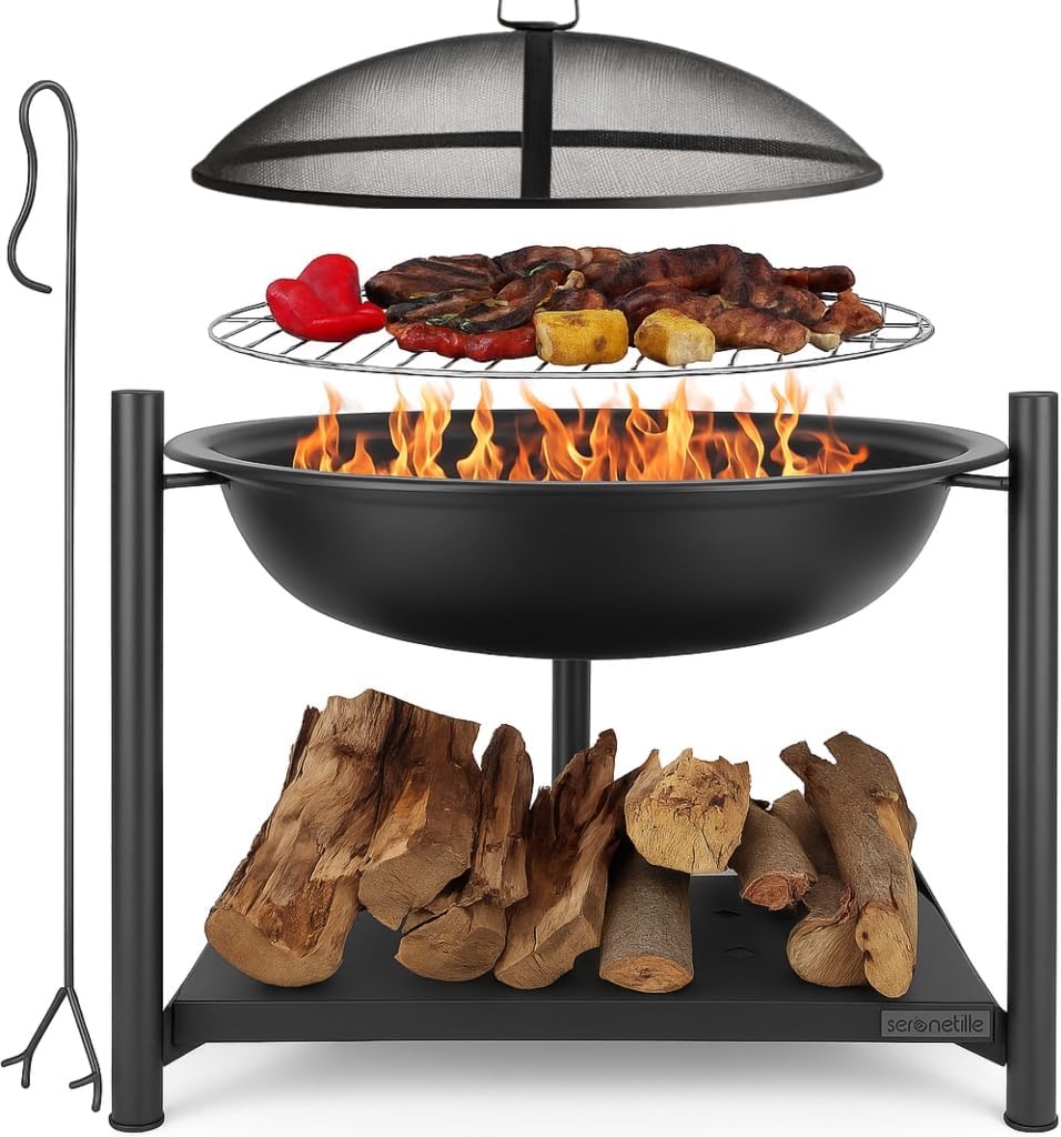 SereneLife 26" Outdoor Wood Fire Pit with BBQ Grill, Mesh Screen, and Wood Storage – Heavy-Duty Steel Frame, Heat-Resistant – Ideal for Bonfires, Camping, and Outdoor Cooking