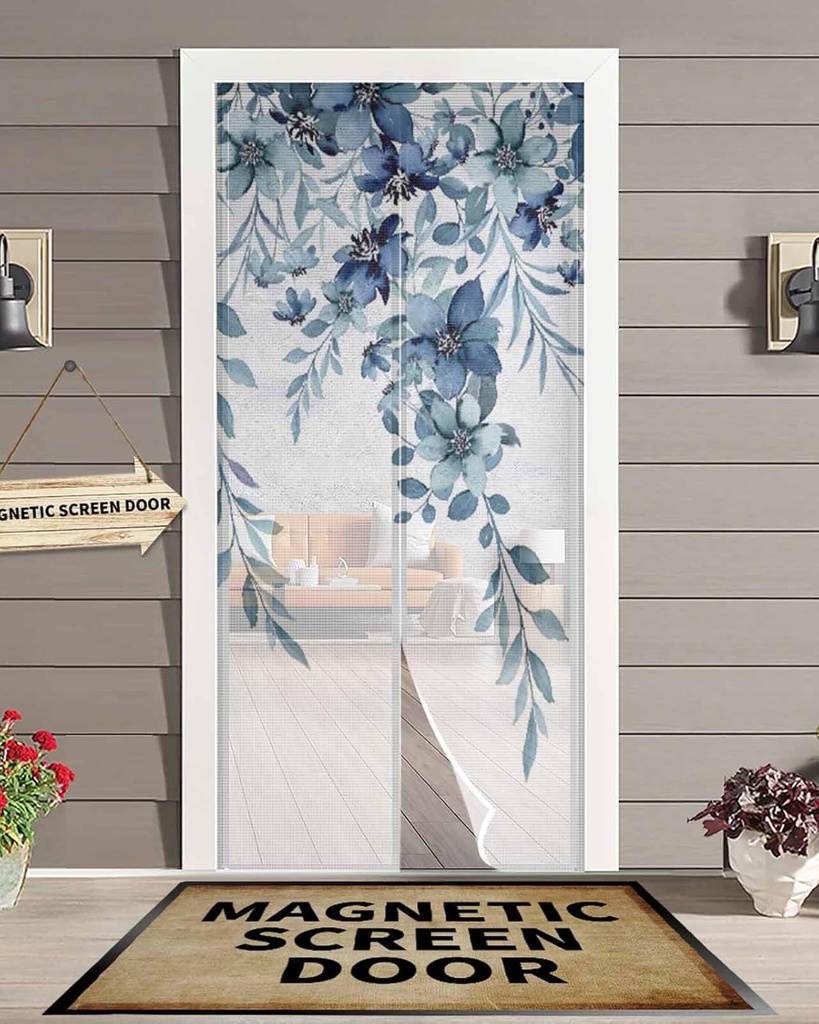 Blue Eucalyptus Leaves, Magnetic Screen Door for Sliding/Single/French Doors, Self Sealing Magnets Patio Door Screen Heavy Duty Mesh Curtain, Weeping Blossom Vine Leaves