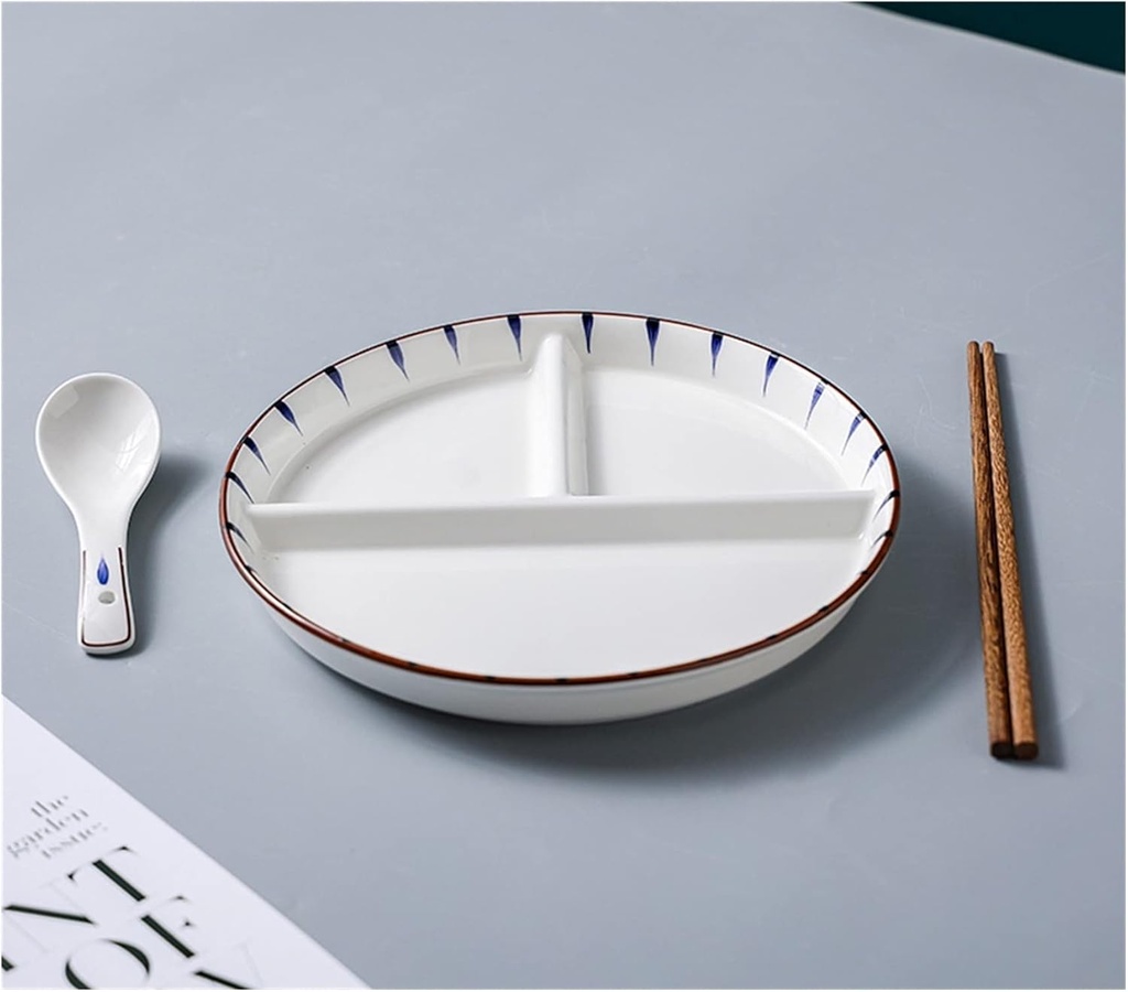 Weight Management Tableware - Round Dinner Plate Set with Spoon and Chopsticks Large Ceramics Dinnerware, Japanese -style White Pattern Divided Plates, Micro-wave and Dishwasher Safe (Color : 9inch
