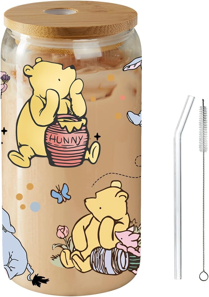 Winnie Appreciation Gifts, The Pooh Birthday Gifts, Winnie Present, The Pooh Glass Jar Tumbler with Bamboo Lid and Glass Straw, 16 Ounces, Farewell Gift for Friends, Cousins, BFF, Christmas Gifts