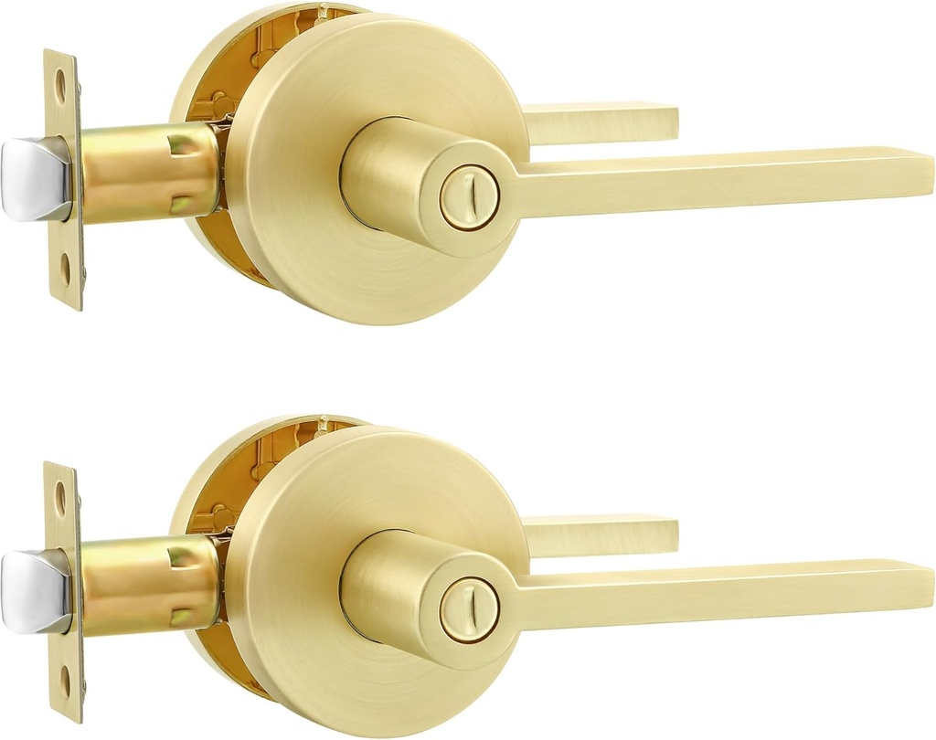 Karlstone 2 Pack Gold Door Handle, Round Shape Door Knobs,Interior Bathroom Door Handles, Brushed Gold Privacy Door Knobs, Satin Brass Door Lever for Bedroom,Easy Installation