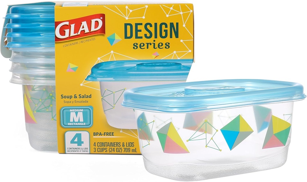 Glad GladWare Design Series Food Storage Containers - Medium Rectangle - Meal Container Holds up to 24 Ounces of Food - Lock Tight Seal, 4 Count