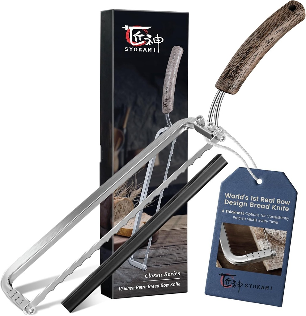 2025 Upgrade Bread Knife for Homemade Bread, World's 1st Real Bow-Design Sourdough Bread Slicer, Razor-Sharp Cutter for Crusty Sourdough & Baguette, 4 Thickness Scale Marks, Christmas gift