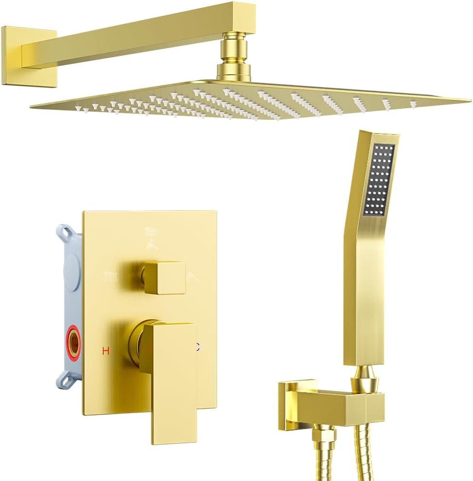 Shower Faucet Set Brushed Gold Shower System, Starbath 10" Rain Shower Head and Handheld Spray Shower Set Complete Wall Mounted,2 Way Pressure Balance Shower Valve and Trim Kit Included