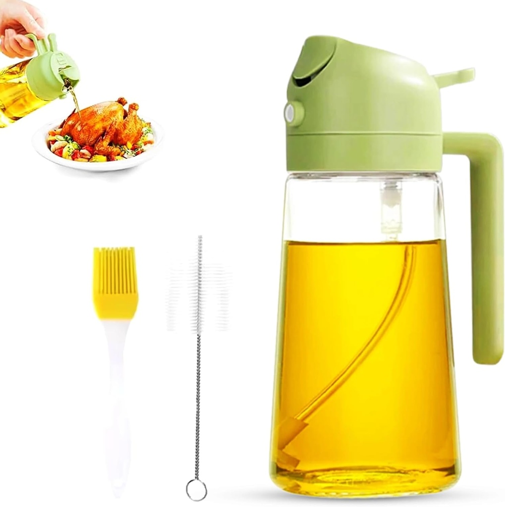 2 in 1 Oil Sprayer & Dispenser for Cooking | 16oz/470ml Glass Olive Oil Sprayer with Brush | Oil Spray Bottle with Pourer, Food-grade Oil Mister for Air Fryer, Salad, Frying, BBQ (Green)