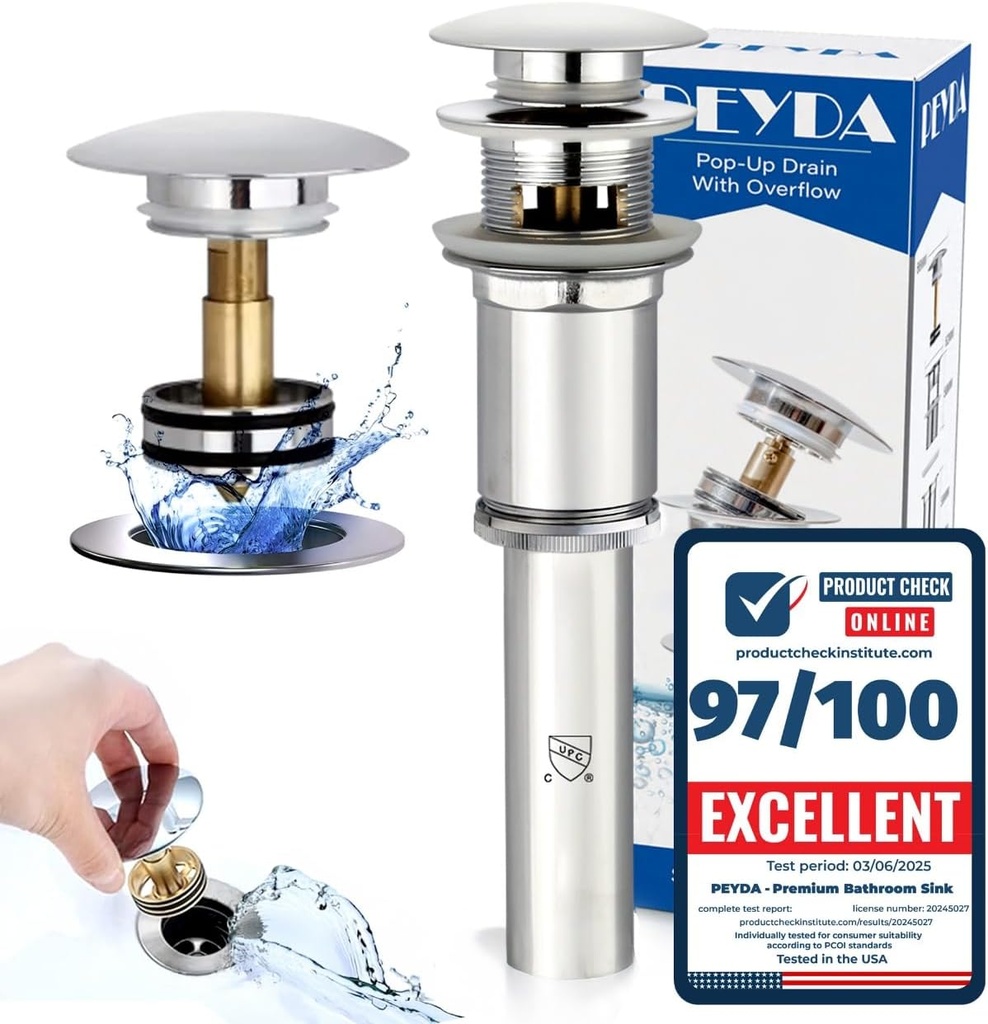 Premium Bathroom Sink Drain Stopper fit for 1 5/8" Sink Hole Pop Up Drain with Overflow Drain Strainer Vessel Sink Drain Assembly Basket Stopper Rustproof Brass Brushed Chrome Lavatory Vanity