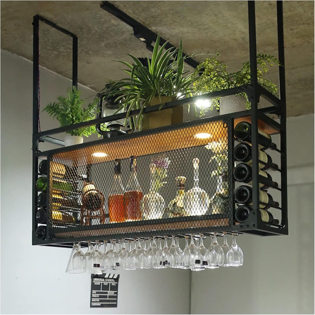 Black Metal Ceiling Wine Rack with Glass Holder and Shelf, Guardrails - Goblet Stemware Rack (120cm/47.2in)