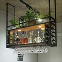Black Metal Ceiling Wine Rack with Glass Holder and Shelf, Guardrails - Goblet Stemware Rack (120cm/47.2in)