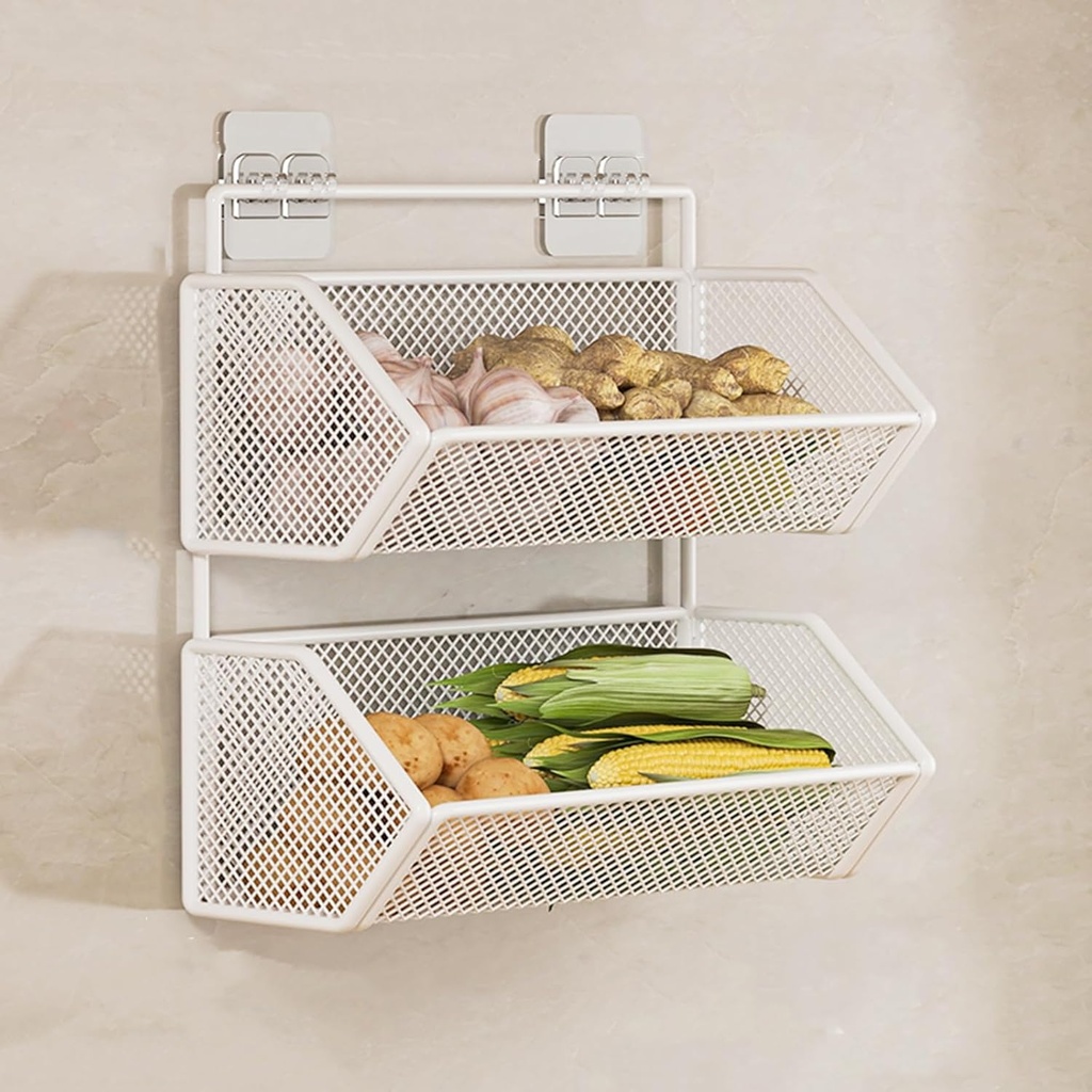 2-layer fruit basket, kitchen wall hanging rack, metal storage rack, suitable for holding fruits and vegetables(White,53cm)