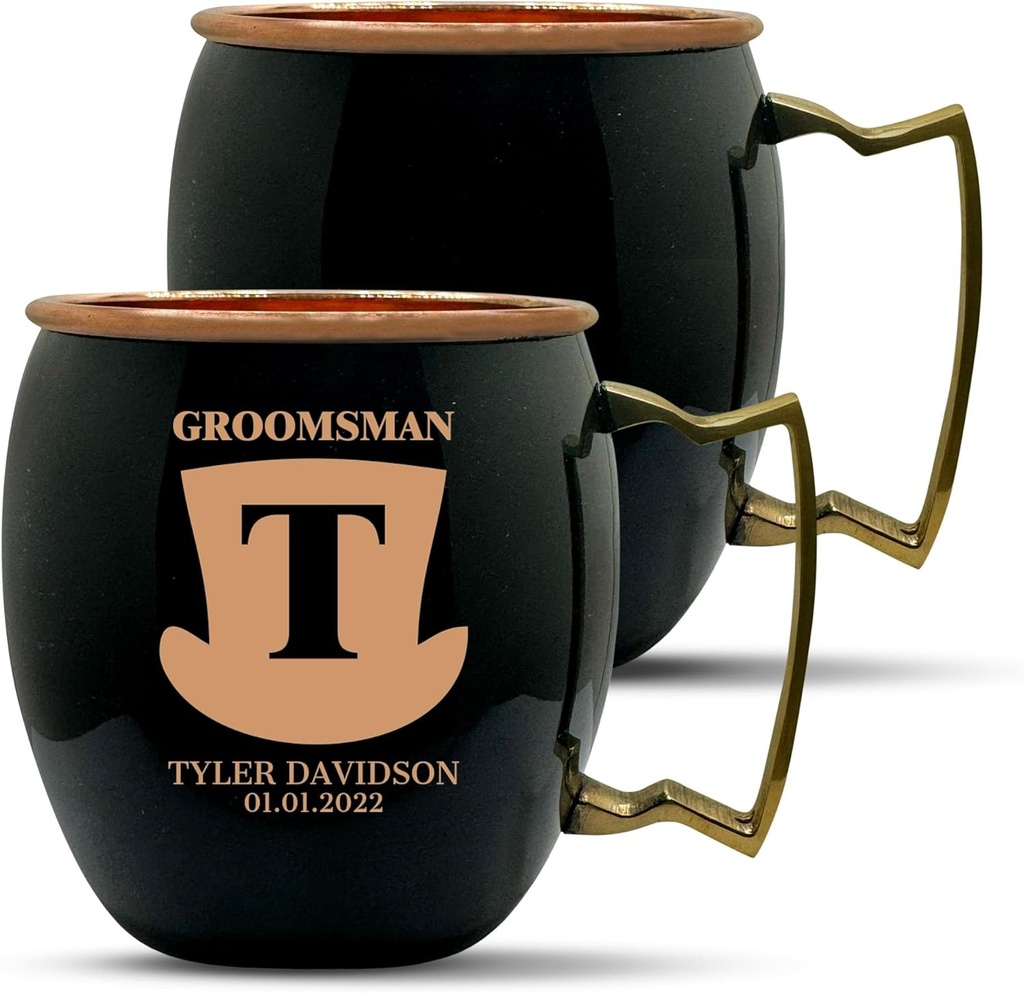 Custom Copper Moscow Mule with Smooth Painted Finish - Engraved Bar Style 100% Copper Cup with Personalized Top Hat Monogram Wedding Themed Engraving, Brass Handle | 18 oz, Black | Set of 2