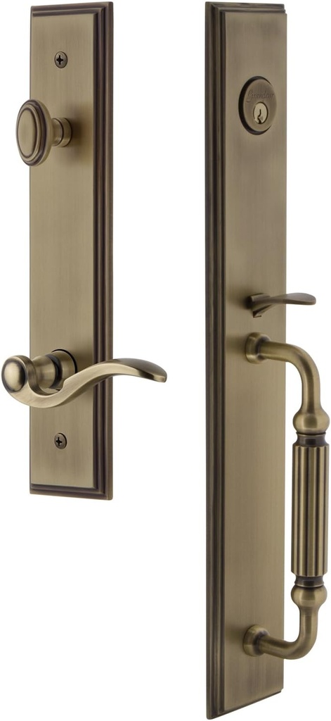 Grandeur 847212 Hardware Carre' One-Piece Handleset with F Grip and Bellagio Lever in Vintage Brass, Size, Single Cylinder Lock-2.375" Backset